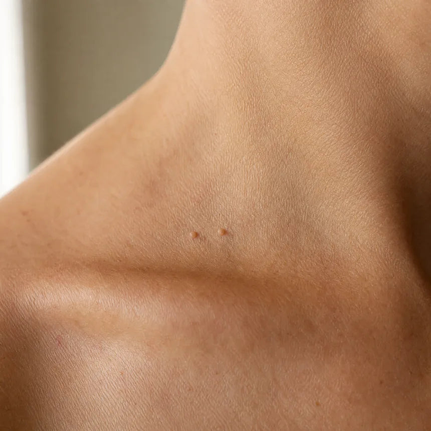 Two small skin tags at the collarbone before treatment
