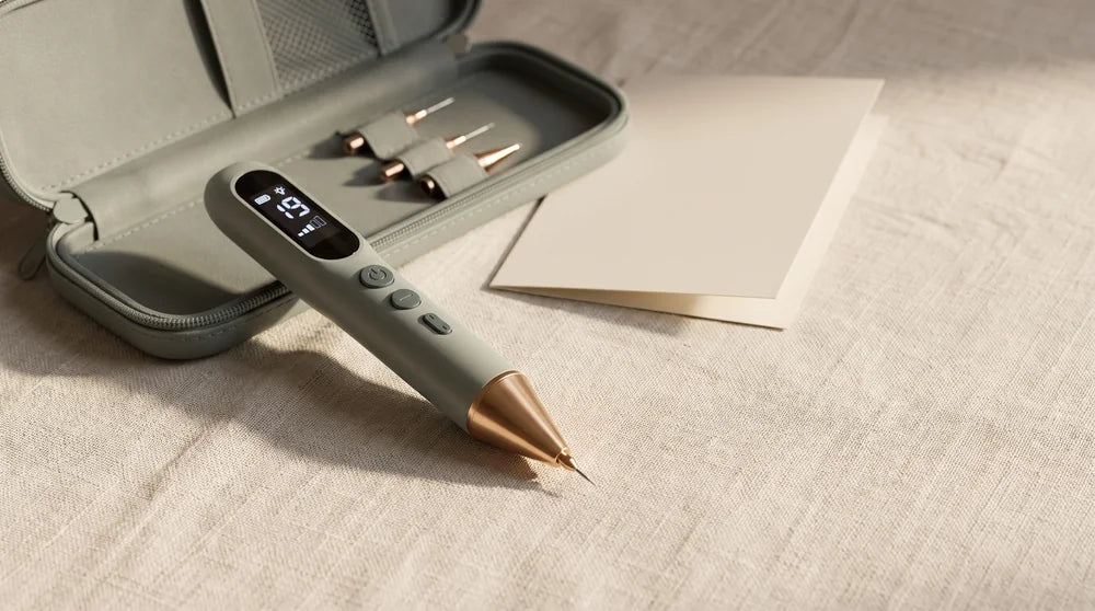The Tendi Pen and its open case on warm linen