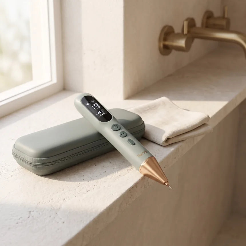 The Tendi Pen and its case on a bathroom shelf